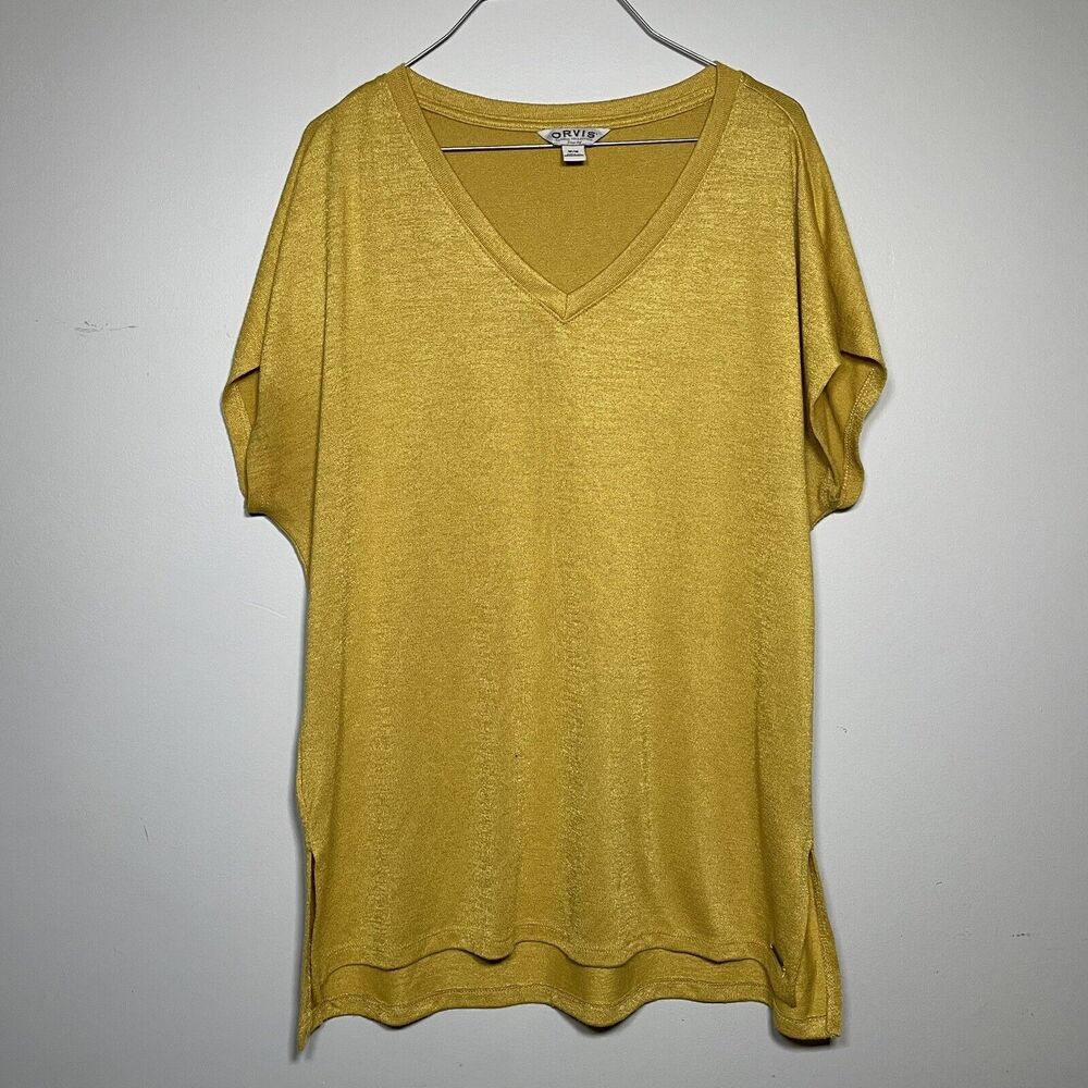 ORVIS Woman's Short Sleeve V-Neck Top w/Side Slit Size Med Golden Yellow